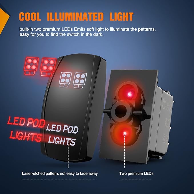 Nilight LED POD Lights Rocker Switch Led Light Bar Switches 5Pin Laser On/Off switches 20A/12V 10A/24V with Jumper Wires Set for Cars,Trucks,RVs