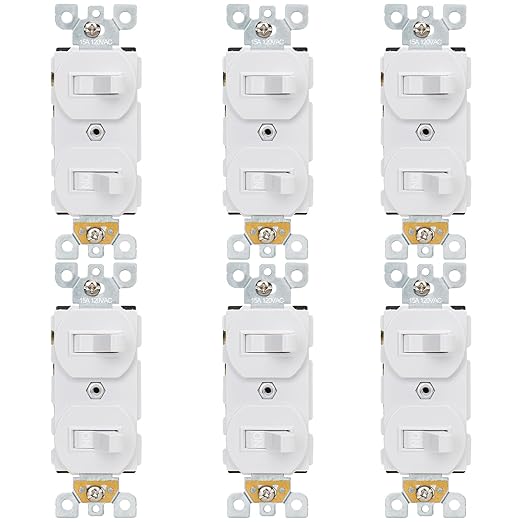 Baomain 6-Pack Double Toggle Light Switch,15 Amp 125V Two Single Pole Residential Grade,On/Off Electrical Wall Switch Self-grounding, Glossy White ETL Certified