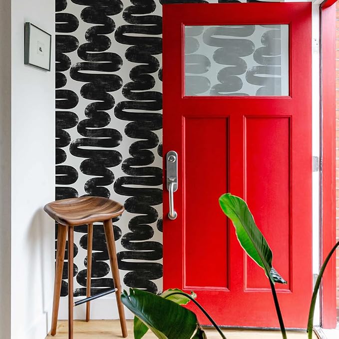 Tempaper x Bobby Berk White & Black Wiggle Room Removable Peel and Stick Wallpaper, 20.5 in X 33 ft, Made in The USA