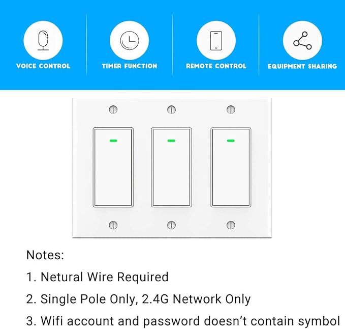 Lesim Smart 3 Gang WiFi Light Switch, 2.4GHz, Compatible with Alexa, Google Home, White, Push Button, Automatically/Smart Switch Operation