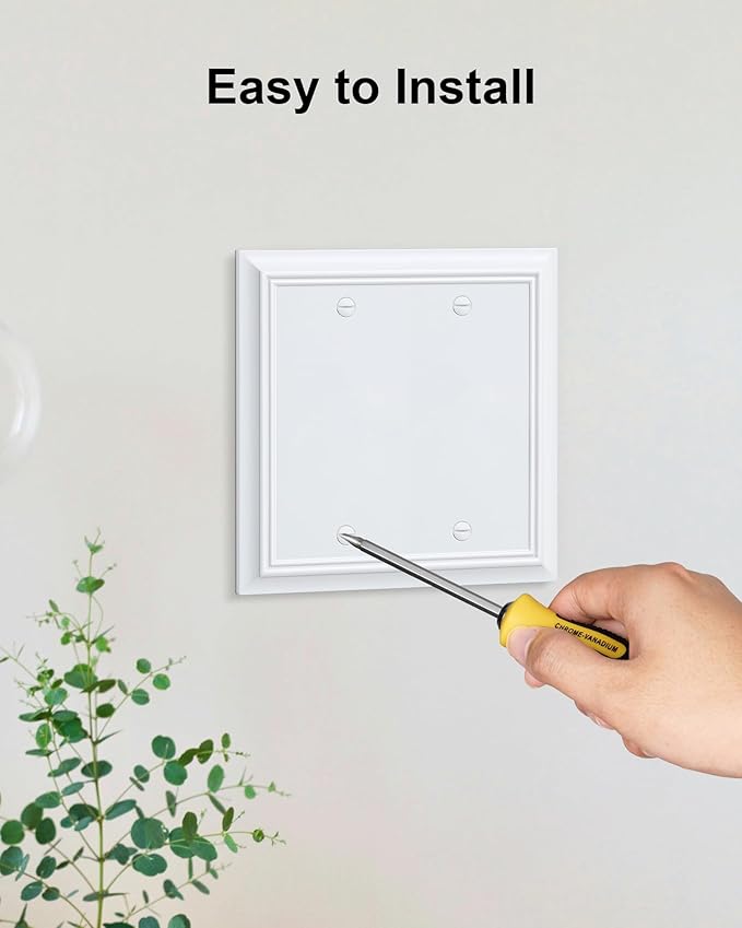 2-Pack Double Blank Wall Plate, Durable Natural Bamboo Fiber Wall Plate Cover,Pure White 1 Gang Wall Plate for Unused Outlets/Switches