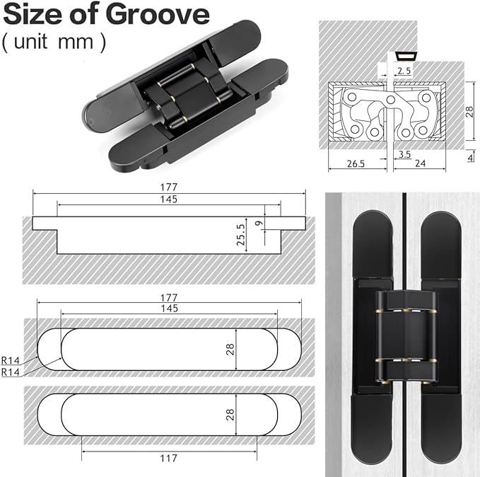 Onedaful 2 Kits 6 inch Stainless Steel Hidden Door Hinges Invisible Hinges for Door, 180 Degree Swing Concealed Hinges, 3 Way Adjustable & Heavy Duty for Secret Door (Load-Bearing Up to 170lbs)