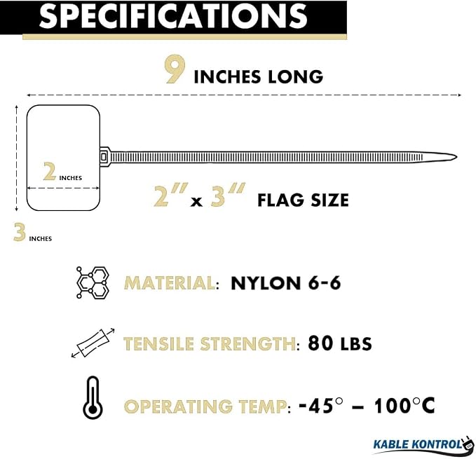 Kable Kontrol Cable Marker Identification Zip Ties 9 Inch 1000 Pcs – Ivory | Large ID Flag Label Straps, Self-Locking Write on Tags for Ethernet, Power, and Cord Labeling