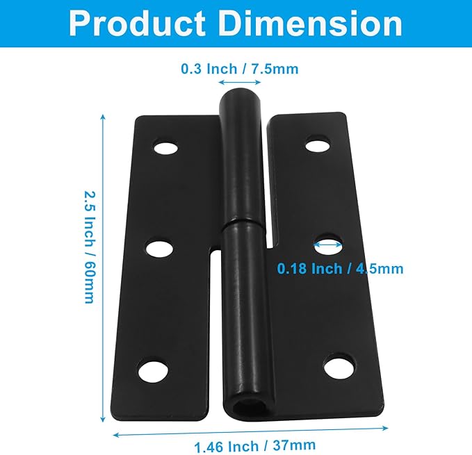 2 Pack 2.5 Inch Black Lift Off Hinge Heavy Duty H-Shaped Hinge Repair Hardware Butt Hinges Right Handed Slip Joint Flag Hinges for Indoor DIY Projects