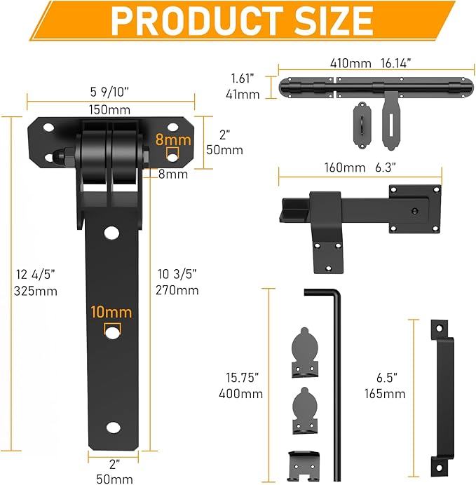 Heavy Duty Gate Hinges, 13" Bolt-On or Weld-On Hinges with Slide Bolt Gate Latch, Cane Bolts, Door Handles, 180° One-Way Open Gate Hinge for Double Wooden Door/Metal Gates,Garden Gates, Fence, Barn