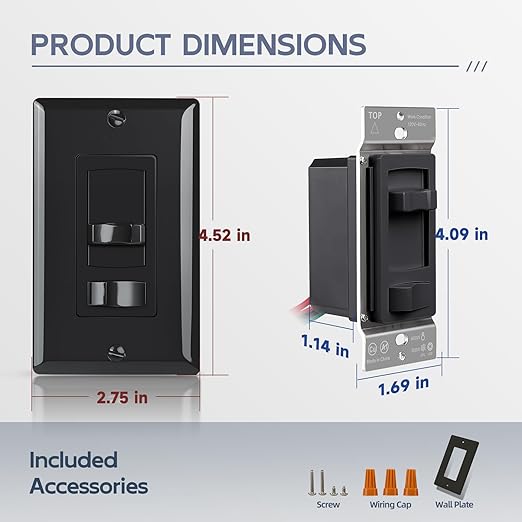 ECOELER Black Dimmer Light Switch, Single Pole/3-Way LED Slide Dimmer Electrical Light Switch, Compatible with LED Dimmable Lamp, CFL, Incandescent, Halogen Bulb, Wall Plate Included, 2 Pack