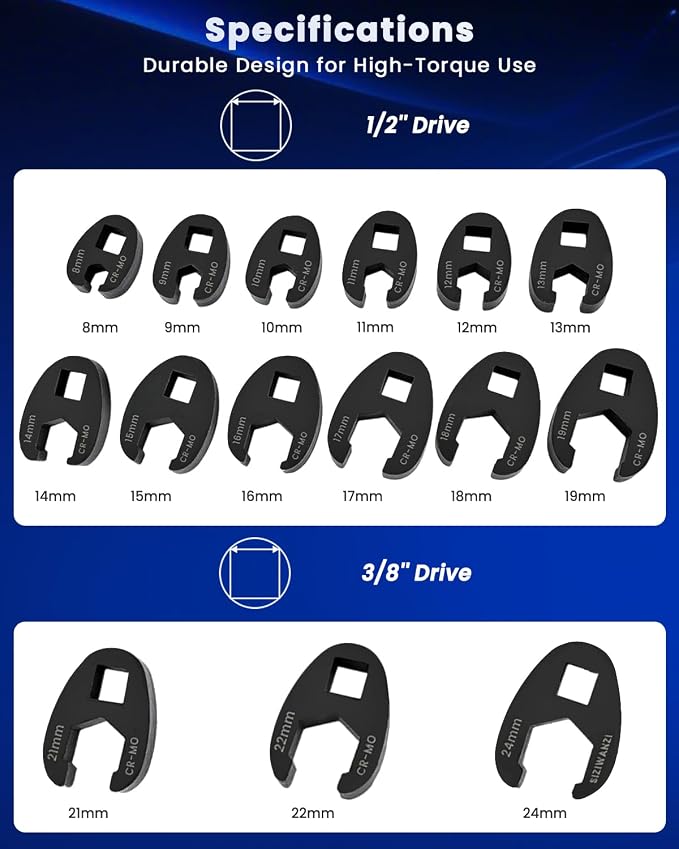 SIXIWANZI Crows Foot Wrench Set, Metric Flare Nut 8-24mm, 3/8" & 1/2" Drive | 15pc Cr-Mo steel, open-end slim head tight spaces, brake fuel hydraulic line, fits ratchet breaker torque wrench, marked case