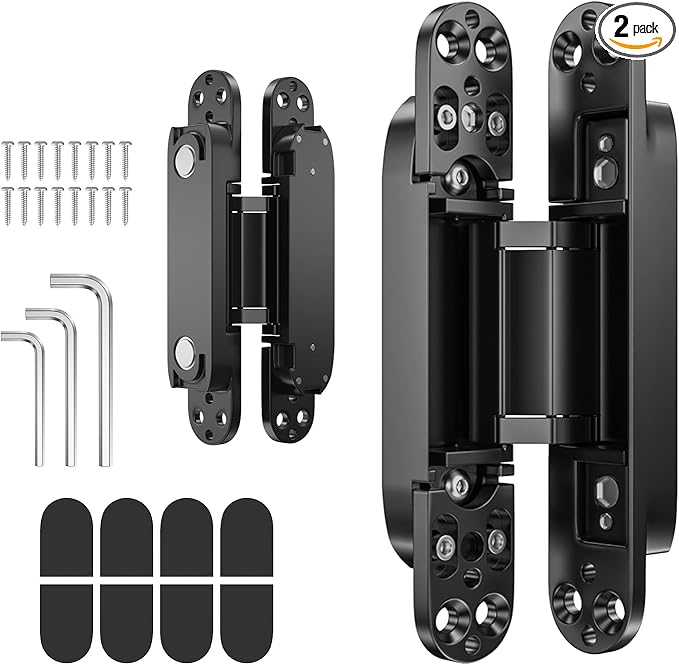 7" 2 pcs Hidden Hinges for Doors Invisible Hinges Concealed Zinc Alloy 180 Degree Swing 3 Way Adjustable Butt Silent Door Hinge 7 x 2.8 x 1 inch (Black