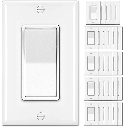 BESTTEN 30 Pack Single Pole Decorator Light Switch, Rocker Paddle Wall Switch, On/Off Interrupter, w/Wall Plate, 15A 120/277V, UL Listed, White