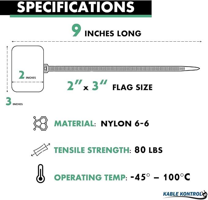 Kable Kontrol Cable Marker Identification Zip Ties 9 Inch 1000 Pcs – Green | Large ID Flag Label Straps, Self-Locking Write on Tags for Ethernet, Power, and Cord Labeling
