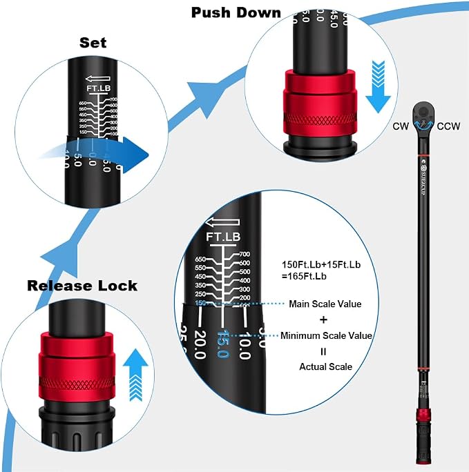 3/4-Inch Drive Click Torque Wrench, 100-700ft.lb/135.5-948.5Nm | Heavy Duty Torque Wrench, ±3% Accuracy, Dual-Direction Adjustable, 48-Tooth, for Oil Rigs, Truck & Tractor Maintenance