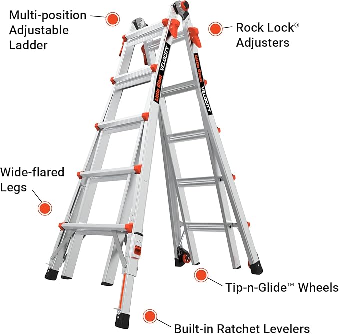 Little Giant Ladders Velocity 17-Ft Folding Multi-Position Ladder, Aluminum, 300 lb Load Capacity, Type 1A Extra Heavy Duty, 18-Ft Reach, with Ratchet Levelers and Wheels (15417-801)