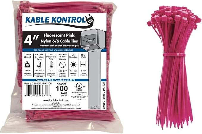 Kable Kontrol Fluorescent Pink Zip Ties 4 Inch 100 Pcs, 18 Lbs Tensile Strength, Self-locking Nylon Colored Cable Ties Wire Wraps for Indoor or Outdoor Use… | Nylon Plastic, Self Locking, UL Listed, Indoor Use