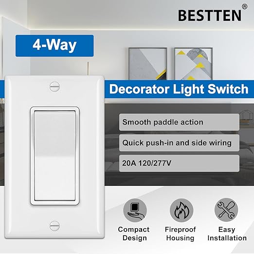 BESTTEN 4 Pack 4-Way Decorator Wall Light Switch with Wallplate, 15A 120/277V, On/Off Paddle Rocker Interrupter, Self-Grounding, UL Listed, White