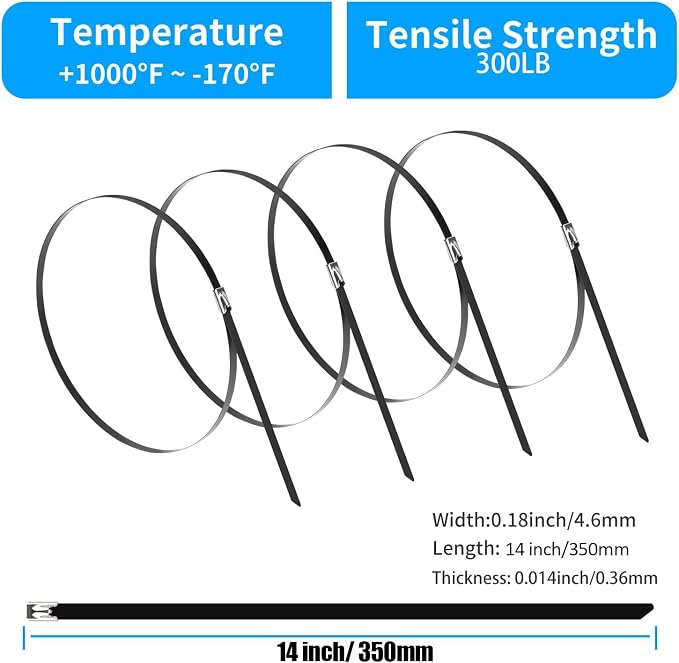 XINGO 14 inch Metal Zip Ties (100 Pack), 304 Stainless Steel Heavy Duty Zip Ties, 300lbs Tensile Strength, Multi-Purpose Self-locking Cable Ties for Exhaust Wrap, Outdoor and Canopy Etc