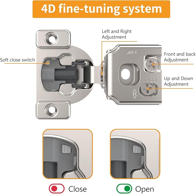 Chibery 10 Pack 1-1/4" 4D Concealed Hinges for Face Frame Door, Soft Close On/Off Switch, Self Closing, 105° Open Angle Concealed Stainless Steel Hinges for Framed Cabinet, Satin Nickel