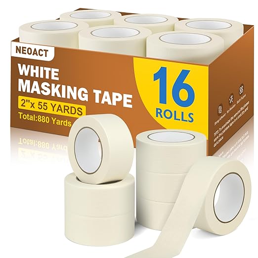 NEOACT 16 Pack Masking Tape 2 Inch Wide, Beige White Masking Tape Bulk General Purpose Tape for Arts, Craft, Painting, Office, School, Home, 55 Yards x 16 Rolls (880 Yards Total)