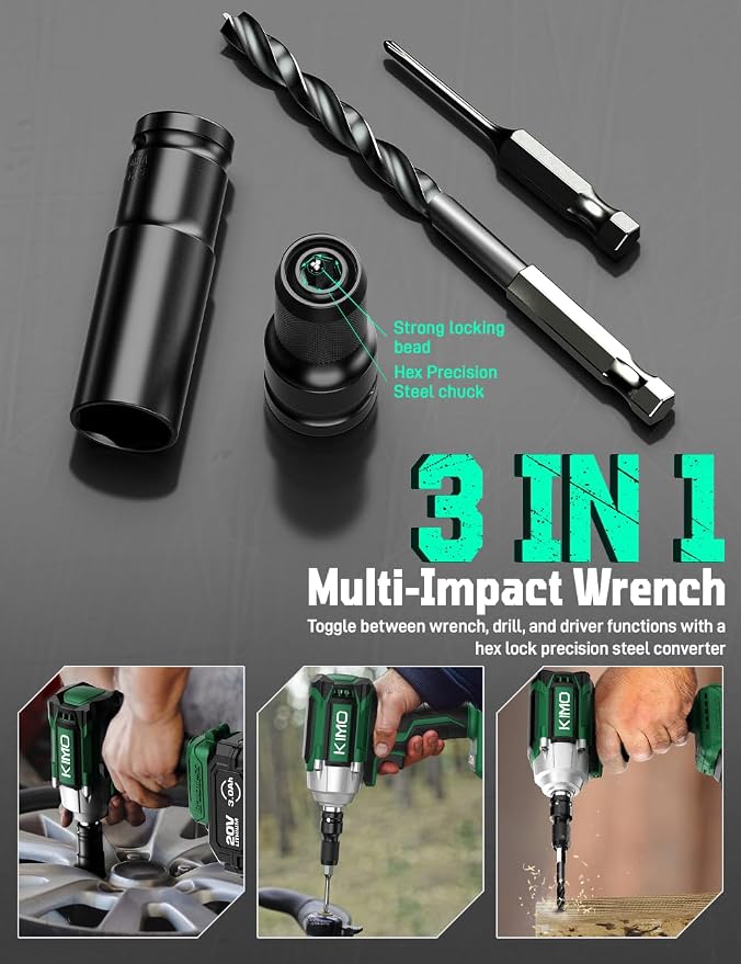 KIMO Impact Wrench 1/2 Cordless, Impact Gun for Car Tire, 20V Impact Driver | 550N.m (410ft-lbs), 4000RPM/3500IPM , 4 Sockets, 9-Piece Drill& Driver Set, Safety Lock, Variable Modes, 2 x 4000mAh Battery