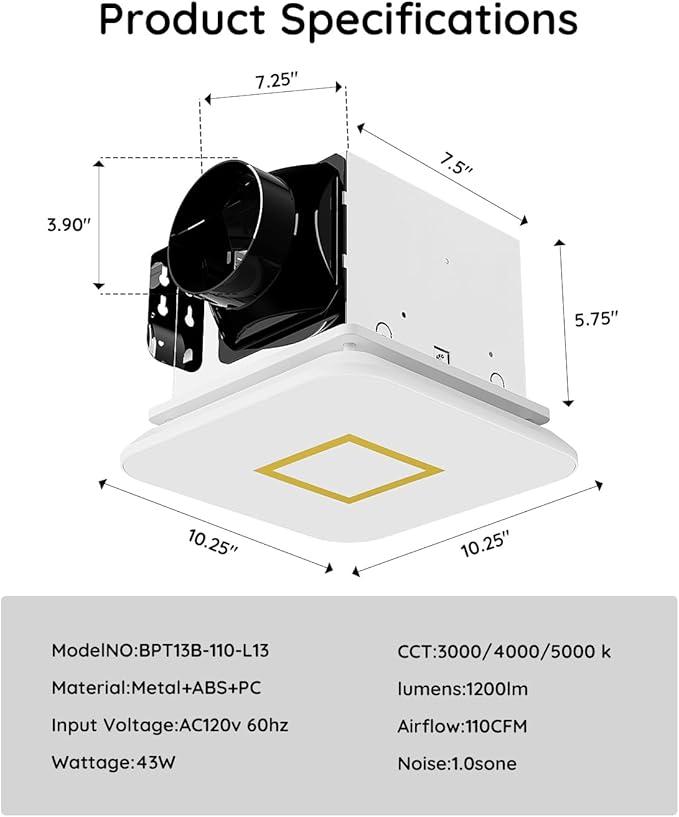 Fitop Bathroom Fan with Light,110CFM 1.0 Sones 1200lm LED Light 3000K/4000K/5000K Selectable,120V 43W Quiet Bathroom Ventilation Exhaust Fan for Shower/Restroom/Office/Home(gold)
