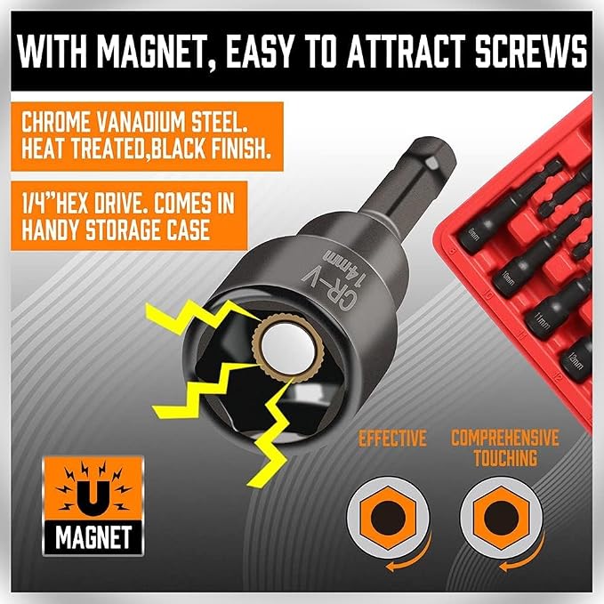 12-Piece Magnetic Nut Driver Set - Premium Impact Power Hex Nut Driver Drill Bit Master Kit, SAE & Metric, 1/4-Inch Quick-Change