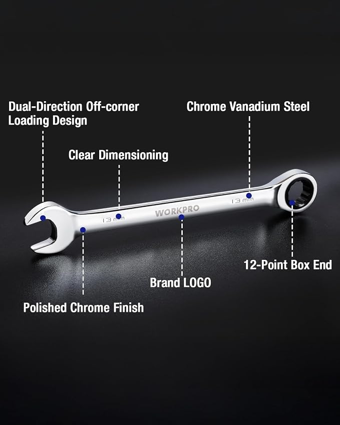 WORKPRO 13 mm Ratcheting Combination Wrench, Mirror Polish Chrome Plating (Pack of 2)