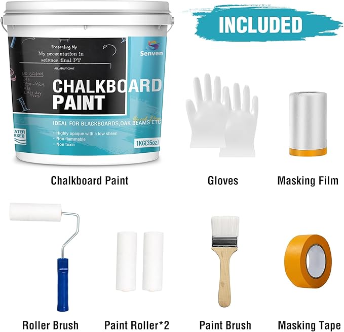 Chalkboard Paint Black Chalk Board Paint for Wood, Metal, Glass, Wall, Plaster Boards Sign, Frame, Interior/Exterior, All-in-One Primer & Top Coat, Black Matte, Acrylic, 35oz Cover 130 sf with Tools kit