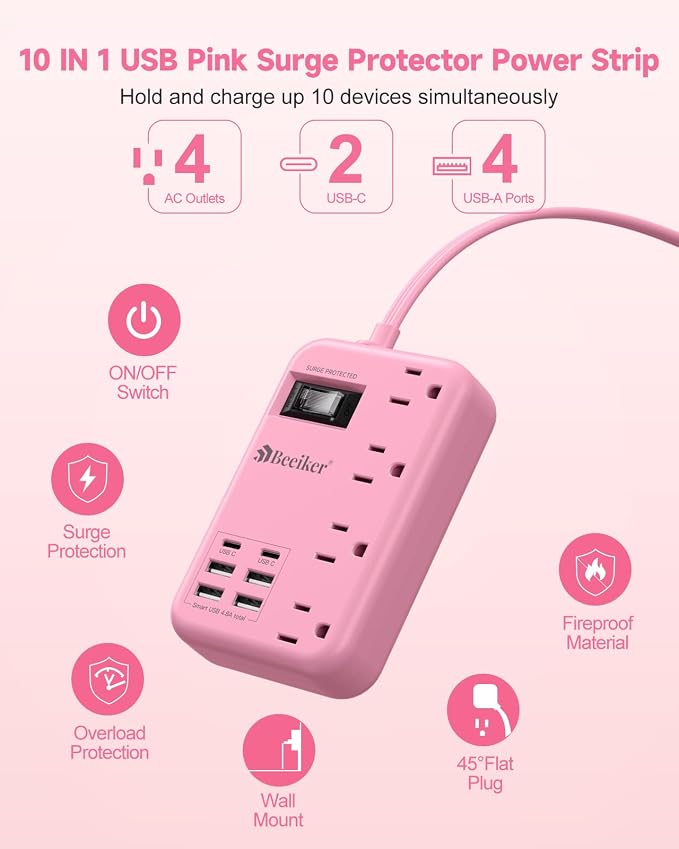 6 USB(2 USB C) Pink Extension Cord- 5Ft Travel Power Strip with 24W USB Charging Station and 4 Outlets, Pink Desk Accessories with Surge Protector for Cute Kawaii Gifts College Dorm Desk