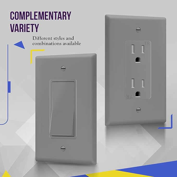 ENERLITES Decorator Light Switch or Receptacle Outlet Wall Plate, Gloss Finish, Mid-Size 1-Gang 4.88" x 3.11", Unbreakable Polycarbonate Thermoplastic, UL Listed, 8831M-GY, Gray