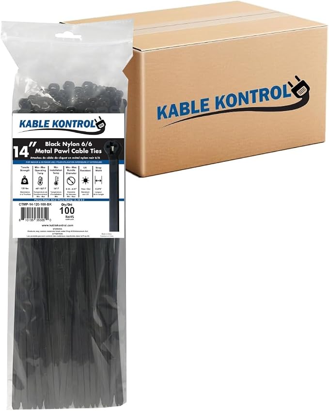 Kable Kontrol Metal Pawl Cable Ties, 14 Inch 3000 Pcs, 120 Lbs Test – Black | Metal Tooth, Stainless Steel Toothed Self-Locking Ties, UV Resistant Steel Barb Zip Ties for Indoor & Outdoor Use