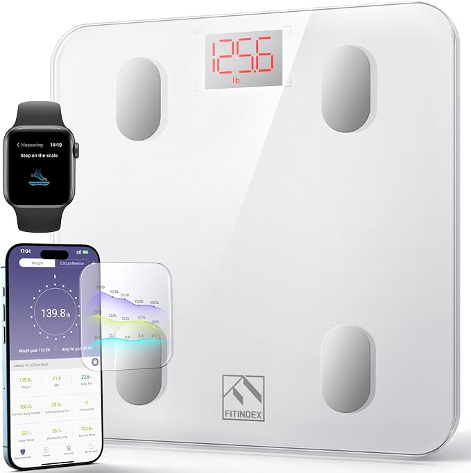 FITINDEX Smart Scale for Body Weight, FSA&HSA Eligible, Scale with BMI, Body Fat, Muscle Mass, Bluetooth,13 Body Composition Analyzer, Sync APP, Digital Bathroom, 400lb, White