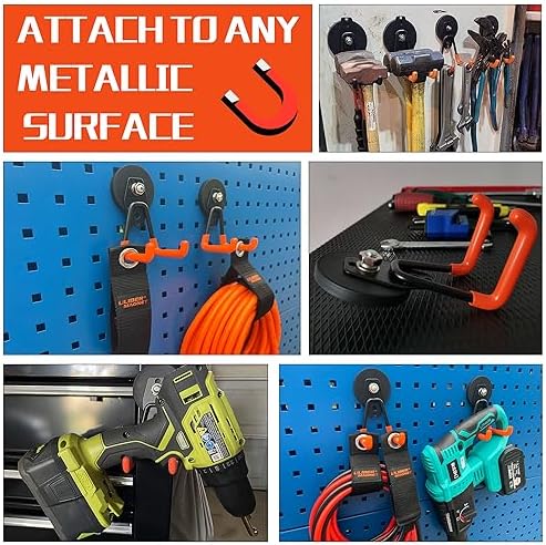 ULIBERMAGNET Heavy Duty Magnetic Garage Hooks,6 Pack Strong Large Magnet Hooks for Power Drill,Garden Tools,Hose,Pegboard,Garage, Workshop,Magnetic Storage Hook for Indoor Outdoor Hanging(Orange)