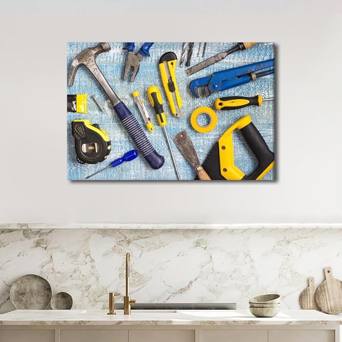 Large Wall Art for Living Room Repairman Maintenance and Housework Project Tools on Workshop Desk Top View Poster, Canvas Supermarket Hotel Tool Room Hardware Store Wall Decor 1 Panels (24"Wx36"H)