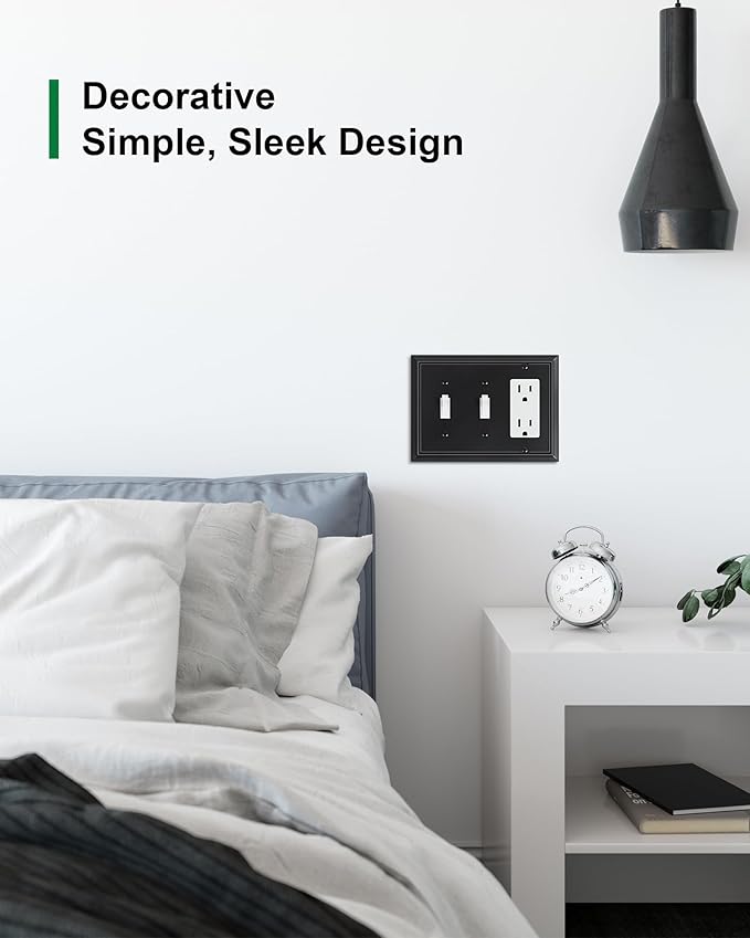 2-Pack Combo Double Toggle/Decorator Outlet Cover Plate, Black Decorative Switch Plates and Outlet Covers, Durable Natural Bamboo Fiber Wall Plates for Electrical Outlets, Receptacle, GFCI Outlet