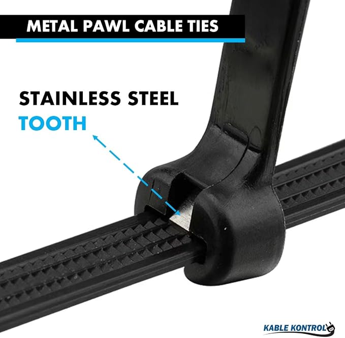 Kable Kontrol Metal Pawl Cable Ties 8 Inch 100 Pcs, 50 Lbs Test – Black | Metal Tooth, Stainless Steel Toothed Self-Locking Ties, UV Resistant Steel Barb Zip Ties for Indoor & Outdoor Use