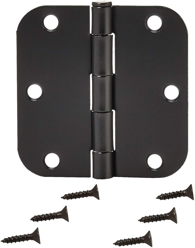 Amazon Basics Sturdy Rounded 5/8 Radius Interior Door Hinges with Included Screws, 3.5" x 3.5", Matte Black, 18-Pack