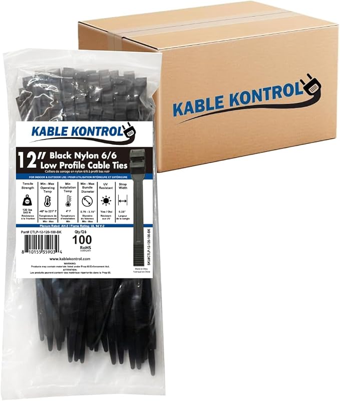 Kable Kontrol Low-Profile Cable Ties 12 Inch 2500 Pcs 120 Lbs Test – Black | Double Locking Cable Ties UL Listed Inline Zip Ties - Chemical, UV & Abrasion Resistant Ties for Automotive & Medical Use