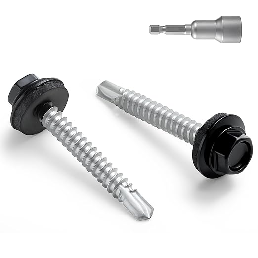 #10 x 1-1/2 in Self-Drilling Metal Roofing Screws,Sheet Metal Roof Screw,EPDM Washer,Black Hex Head,with Hex Driver Bit(3LBs,238Pcs)