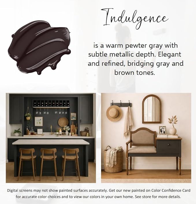 ALL-IN-ONE Paint by Heirloom Traditions, Indulgence (Warm Pewter), Quart - Durable cabinet and furniture paint. Built in primer and top coat, no sanding needed. Includes our 30 featured color card.