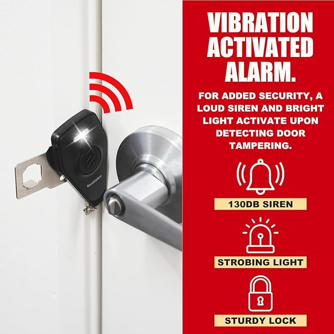 Securityman Portable Door Lock with Alarm | Hotel Door Locks for Travelers Security | Loud 130dB Door Security Device for Hotel Room, Apartment Home, & Travel Safety Inside for Women Children - Black