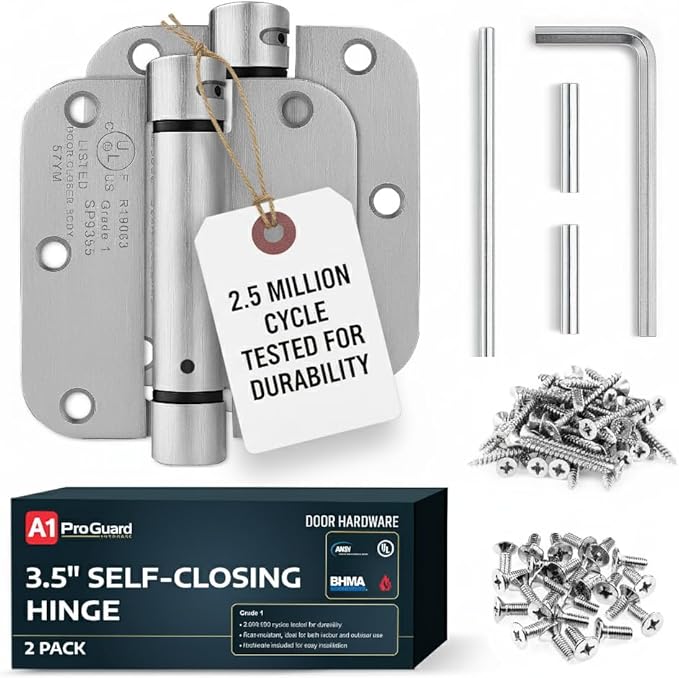 A1 ProGuard - Self Closing Spring Loaded Hinges, 3.5 Inch, Adjustable Tension for Garage, Front, Back Door, Door Closer Hinge, UL Listed, Left/Right Hand, 5/8'' Radius Corners, Brushed Nickel, 2 Pack