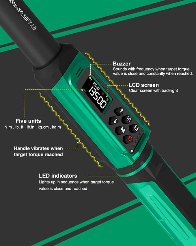 Uharbour 3/8" Digital Torque Wrench 1.5-99.5ft-lbs/6.8-135Nm | ±1% Accuracy Electric Wrench, Dual Direction Ratchet, Vibration & LED Alert