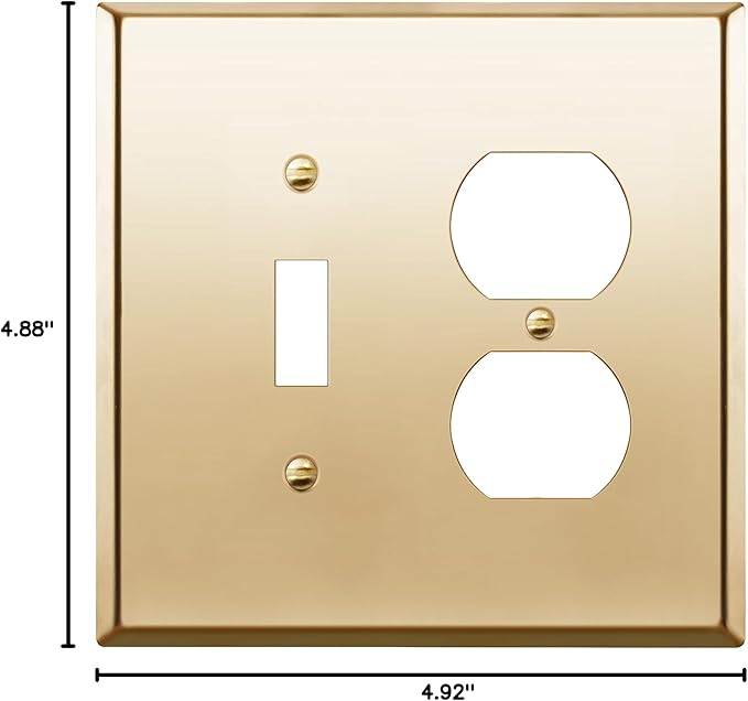 ENERLITES Combination Toggle Switch and Duplex Receptacle Metal Wall Plate, Outlet Cover, Corrosion-Resistant, Mid-Size 2-Gang 4.88" x 4.92", Stainless Steel 201, 771121M-PB, Polished Brass
