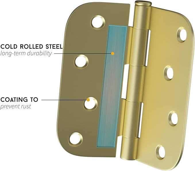 goldenwarm 6 Pack Door Hinge Satin Brass Residential Heavy Duty Iron Door Hinges, 4 Inch x 4 Inch Interior and Exterior Gold Door Hinges with 5/8" Radius Corners