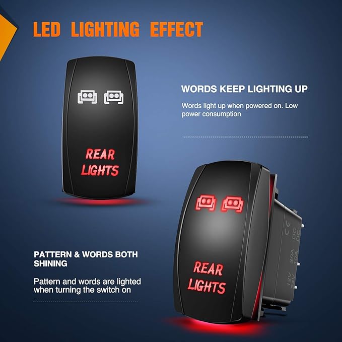 Nilight Rear Lights Rocker Switch Led Light Bar Switch 5Pin Laser On/Off switches Red 20A/12V 10A/24V Switch with Jumper Wires Set for Cars,Trucks,RVs,2 Years Warranty