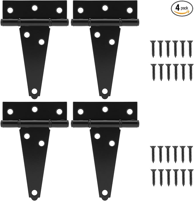 HILLMASTER 4 Inch T-Strap Hinges Shed Window Door Hinges Gate Strap Hinges Heavy Duty Black Tee Hinge Wrought Gate Hardware Post Small T Hinges for Wooden Fences,Shutter,Yard,Barn Door,Outdoor(4 Pack)