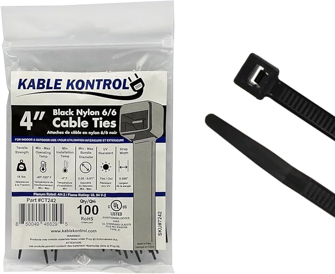 Kable Kontrol Cable Zip Ties 100 Pcs 4 Inch Black, 18 Lbs Tensile Strength, Self-Locking UV Resistant Plastic Nylon Wire Ties, for Indoor or Outdoor Use