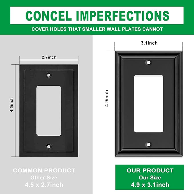 Black Modern Decorative Wall Plate Light Switch Cover Decorator Outlet Covers Rocker Switch Plates Bamboo Fiber Material Wall Plates for Kitchen Bathroom (1 Gang Single Decorator-4 Pack)