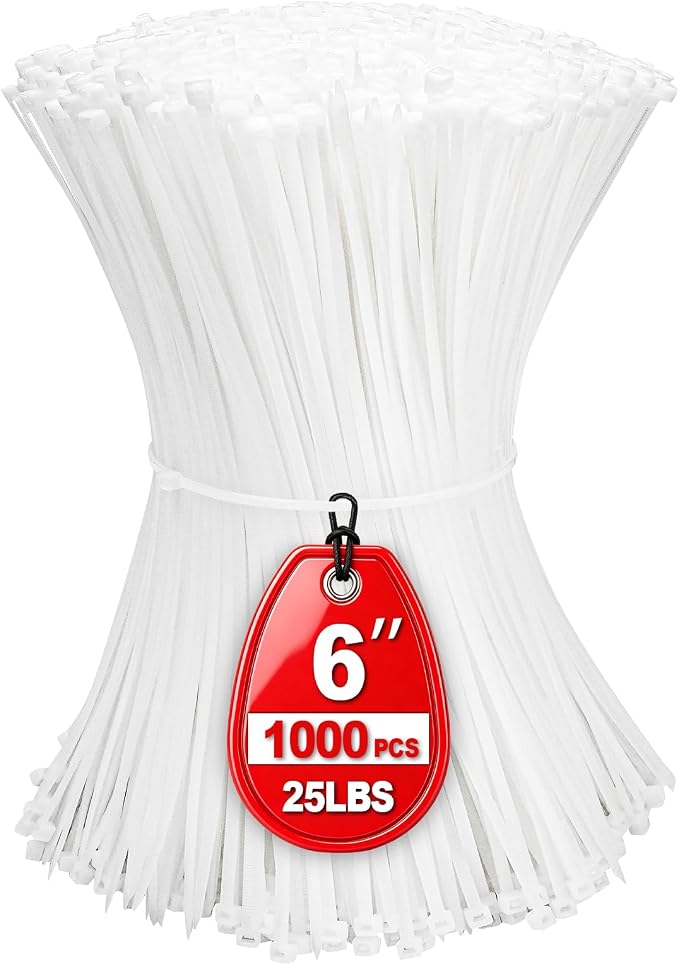 Zip Ties, Small Zip Ties 6 Inch,1000 Piece White Cable ties with 25lb Tensile Strength, Multi-Purpose Nylon Self-Locking Cable Ties.