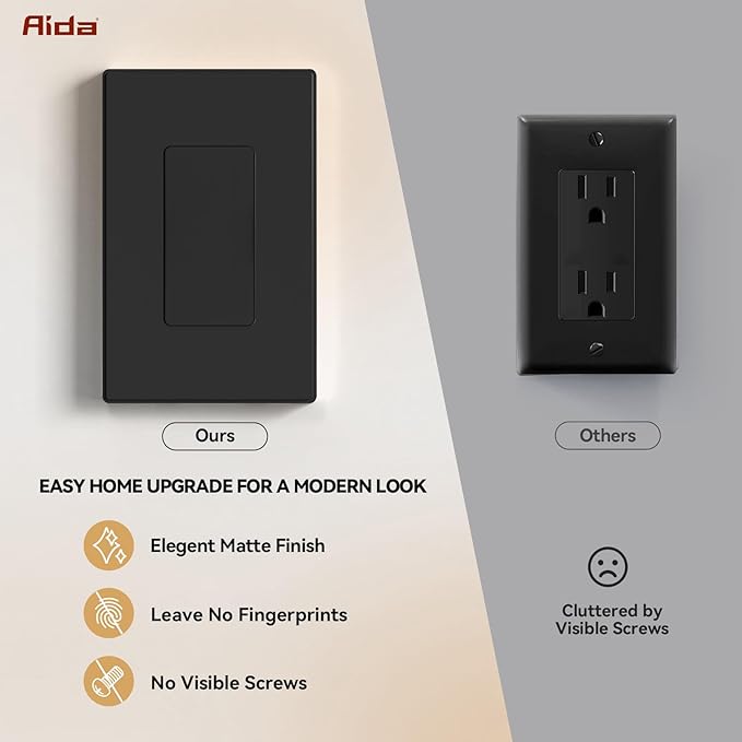 AIDA 1-Gang Midsize Screwless Light Switch Cover Plate, Decorative Outlet Covers - Matte Black, 10-Pack Screwless Unbreakable Polycarbonate Wall Plates for Decorator Device, UL Listed
