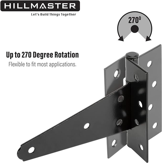 HILLMASTER 6 Inch T-Strap Heavy Duty Shed Door Hinges Gate Strap Hinges Black Tee Hinge Wrought Hardware for Wooden Fences,Yard,Barn Door,Rustproof (6 Pack)